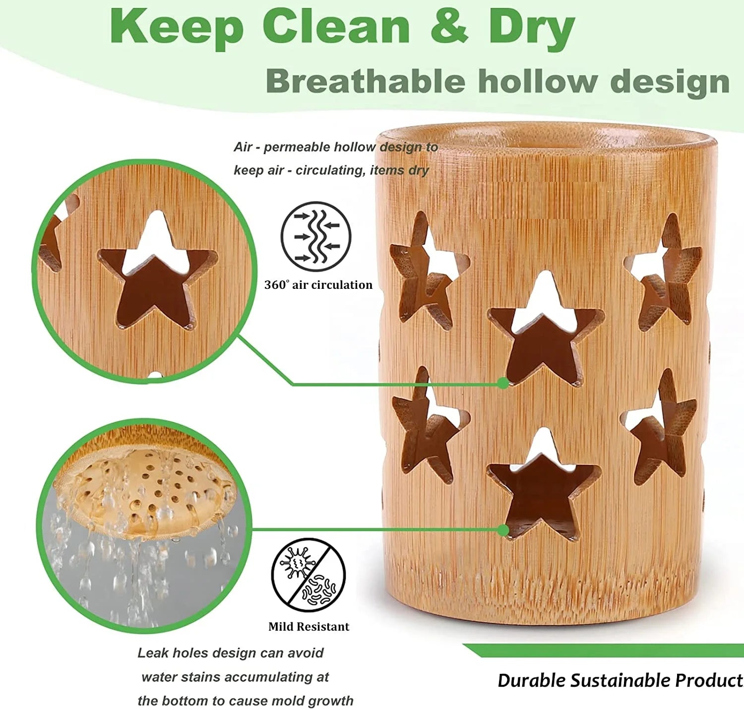 Bamboo Toothbrush Holder Cup – Eco Friendly Bathroom Organizer with Drainage & Quick Dry Design