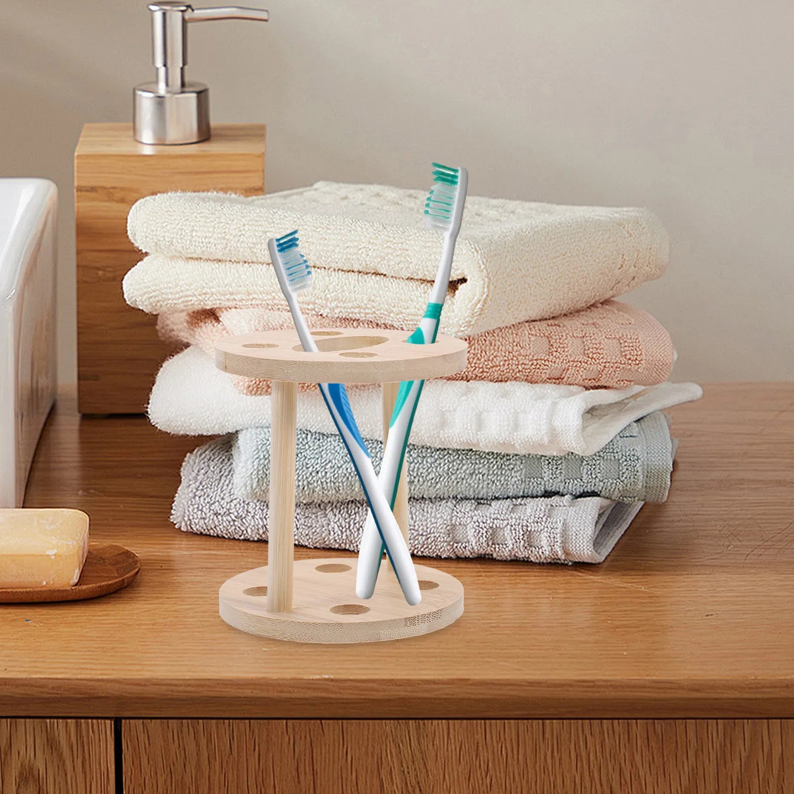Eco Friendly Bamboo Toothbrush Holder Stand Organizer for Bathroom Countertop Wood Grain Design Space Efficient Hygienic