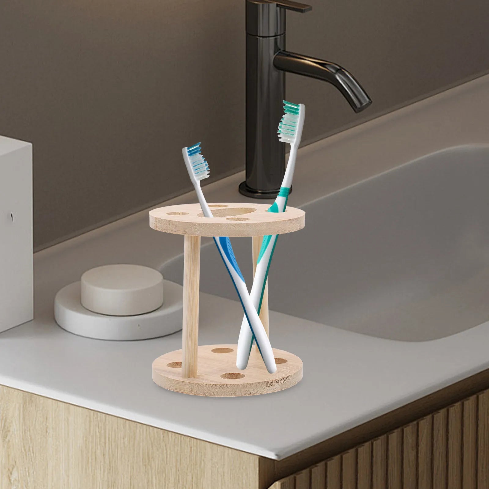 Eco Friendly Bamboo Toothbrush Holder Stand Organizer for Bathroom Countertop Wood Grain Design Space Efficient Hygienic